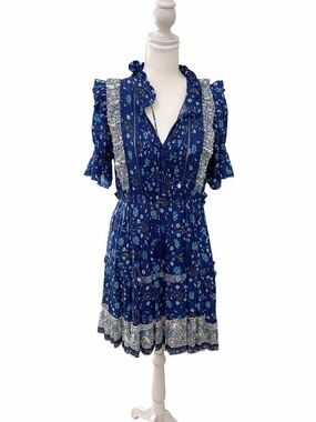 Sea New York Blue Floral Ruffle Mini Dress Size 6 Boho Tiered Lace